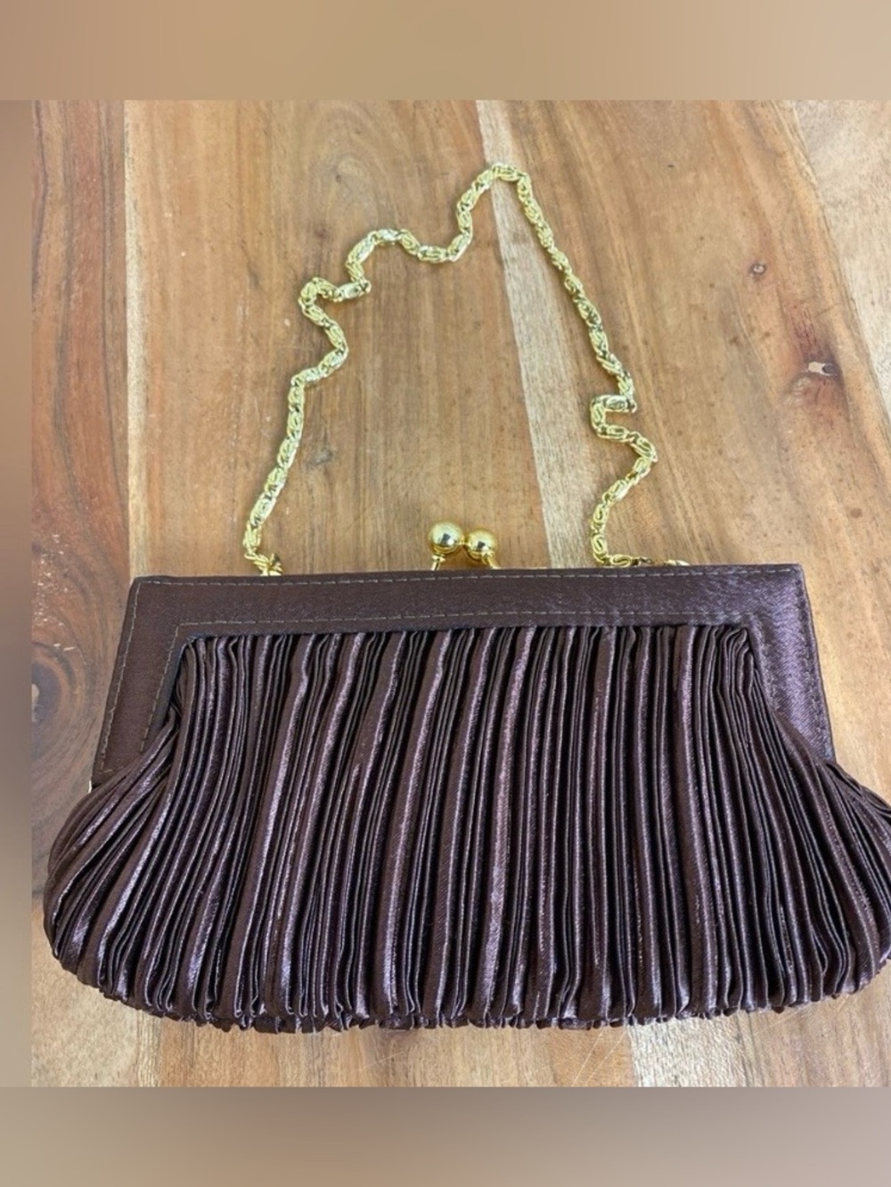 Brown Satin Clutch Brown With Gold Tone Chain Detachable Strap